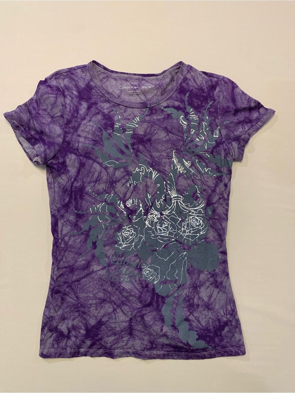 Calvin Klein Purple Tie-Dye Metallic Graphic Y2K Tee XS E-girl Boho Grunge